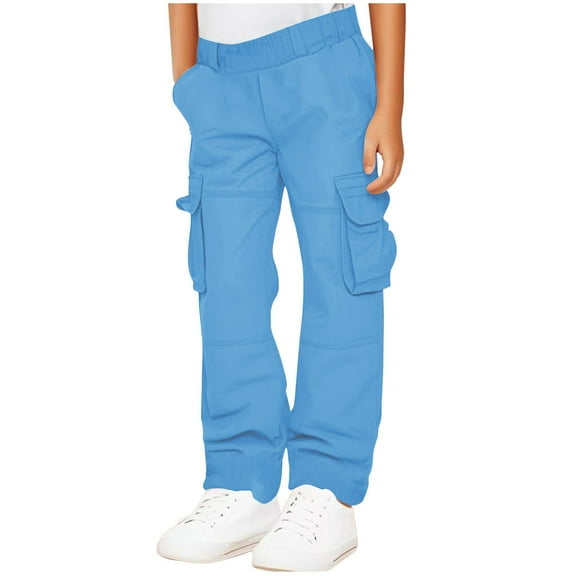 ZACPNCV Boys Cargo Pants Cotton Pull On School Uniform Casual Pants with Mutipockets Blue 7-8 Years