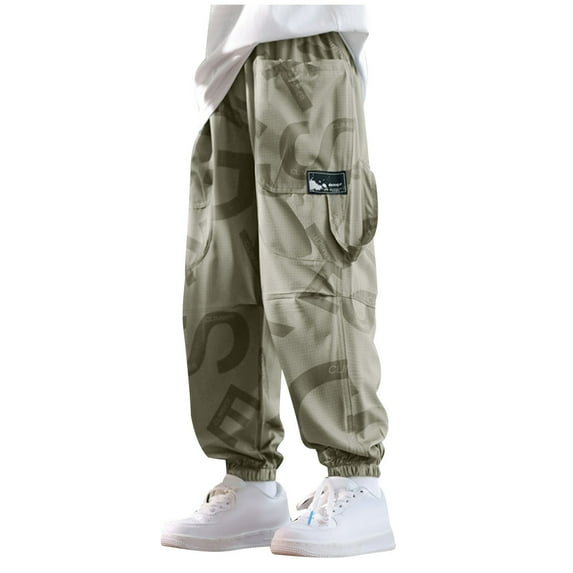 ZACPNCV Boys' Cargo Pants Wide Leg Straight Casual Sweat Pants Jogger Elastic Waistband Soft Trousers with Pockets 8-9 Years
