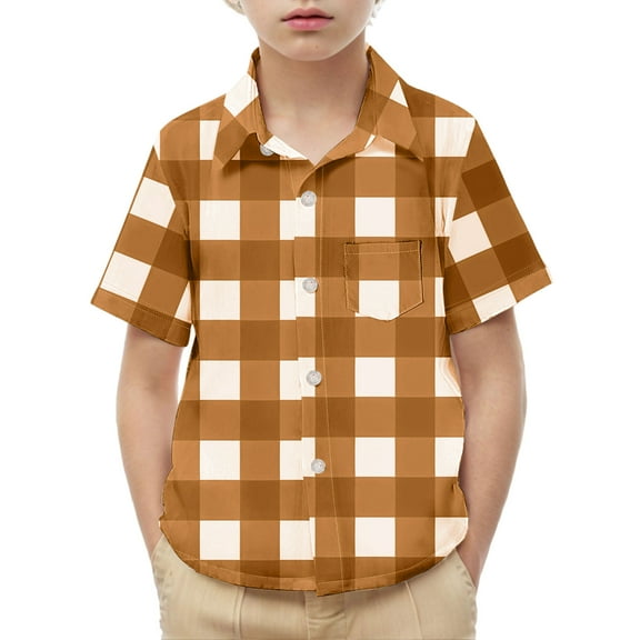 ZACPNCV Boys Casual Button Down Shirts Stretch Dress Shirs Short Sleeve Plaid Summer Shirts for Boy Brown 3-4 Years