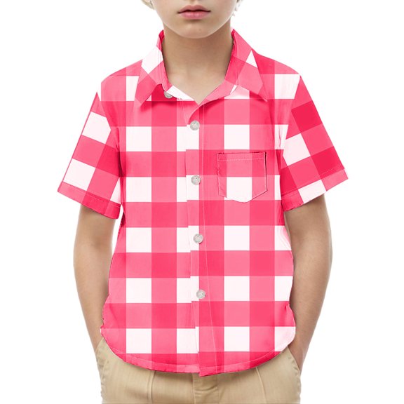 ZACPNCV Boys Casual Button Down Shirts Stretch Dress Shirs Short Sleeve Plaid Summer Shirts for Boy Hot Pink 2-3 Years