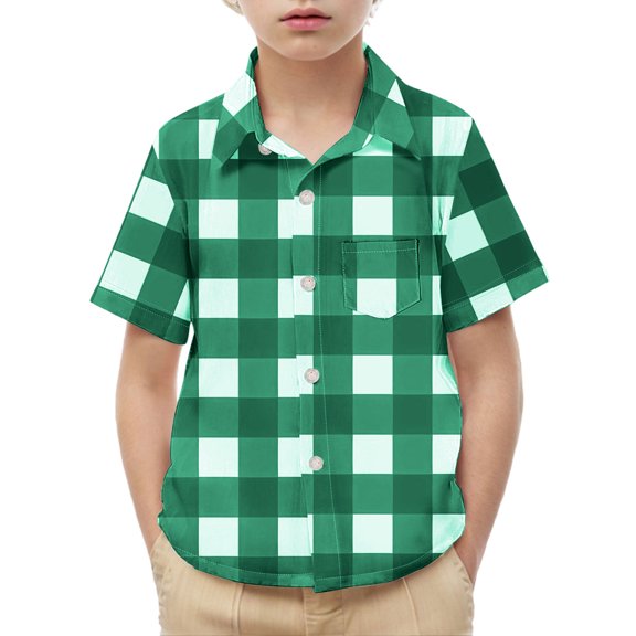 ZACPNCV Boys Casual Button Down Shirts Stretch Dress Shirs Short Sleeve Plaid Summer Shirts for Boy Olive Green 2-3 Years
