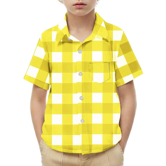 ZACPNCV Boys Casual Button Down Shirts Stretch Dress Shirs Short Sleeve Plaid Summer Shirts for Boy Yellow 12-13 Years