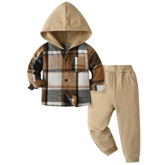 ZACPNCV Boys Clothes Plaid Hooded Shirt 2PC Outfit Button Front Toddler Fall Winter Hoodie and Sweatpants Set Khaki 2-3 Years