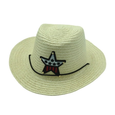 ZACPNCV Boys Cowboy Hat Summer Outdoor Straw Cowboy Hat for Kids with Five-Pointed Star Patch Cute Hat Girls Beige 2-6 Years