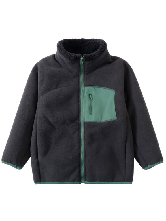 Boys Girls Fleece Jacket Kids Polar Fleece Stand Collar Zip Up Coat with Pocket Color Block Unisex Warm Fall Winter Outerwear,C-Black