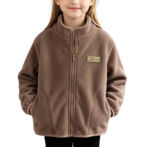 ZACPNCV Boys Girls Fleece Jacket Stand Collar Full Zip Up Polar Fleece Coat with Pockets Kids Casual Warm Outerwear for Fall Winter,Brown