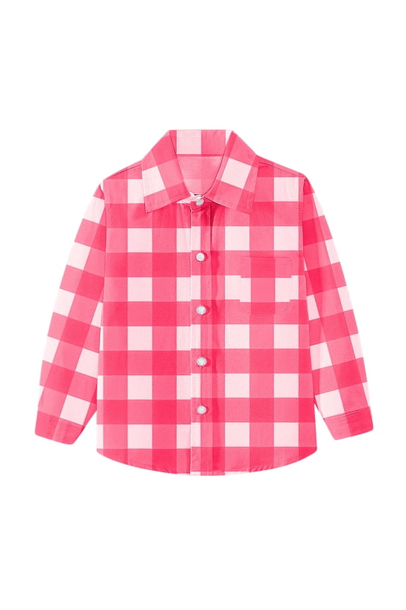 Boys Girls Long Sleeve Plaid Button Up Shirt Kids Casual Button Down Shirts Tops with Pockets Hot Pink 3-4 Years
