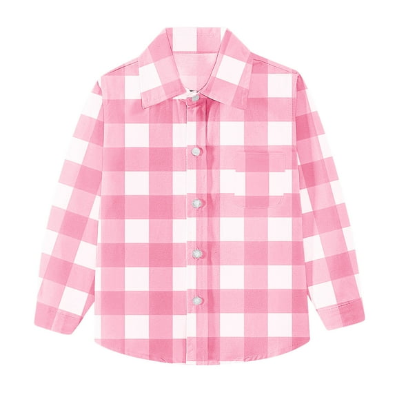 ZACPNCV Boys Girls Long Sleeve Plaid Button Up Shirt Kids Casual Button Down Shirts Tops with Pockets Pink 7-8 Years