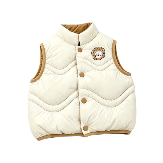 ZACPNCV Boys Girls Winter Puffer Vest Cute Cartoon Patch Sleeveless Gilet Wave Quilted Stand Collar Snap Button Warm Winter Waistcoat with Pockets,White