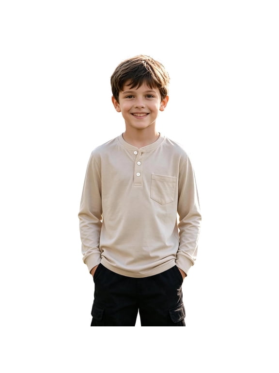 Boys Henley Shirt Solid Color Long Sleeve Half Button Crew Neck Pullover Kids Fall Winter Casual Loose Fit Top