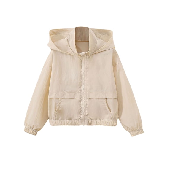 ZACPNCV Boys Hooded Windbreaker Jacket Kids Full Zip Stand Collar Elastic Cuff Hem Hoodie Jacket Solid Color Lightweight Casual Outerwear B-Beige