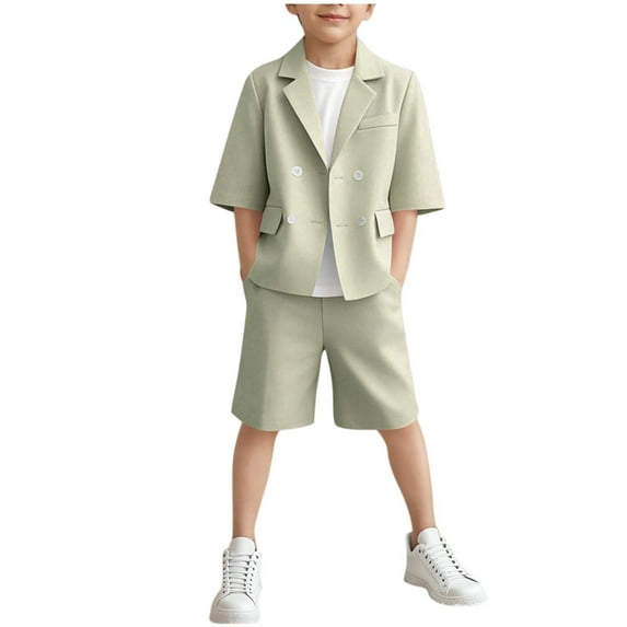 ZACPNCV Boys Linen Tuxedo Suit Slim Fit 2 Piece Set Formal Suits for Boys Summer Blazer and Shorts Set Beach Wedding Suit Green 10-11 Years