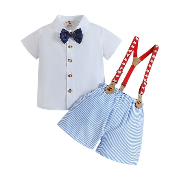 ZACPNCV Boys Outfits Short Sleeve Shirt with Suspenders for Stage Performances Birthday Parties Sets Blue 18-24 Months