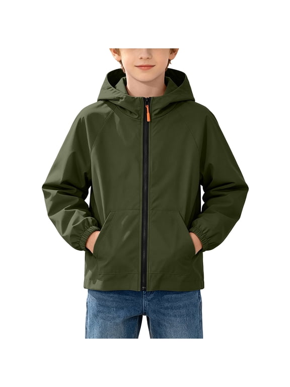 Boys Rain Jacket Waterproof Windbreaker Jacket Solid Hooded Outdoor Coat with Pockets 4-15Y,A-Olive Green