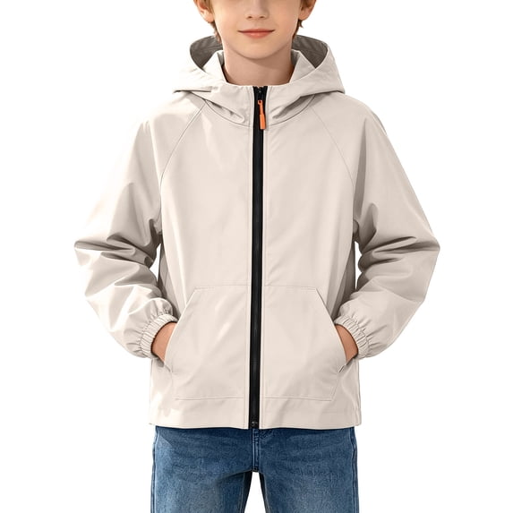 ZACPNCV Boys Rain Jacket Waterproof Windbreaker Jacket Solid Hooded Outdoor Coat with Pockets 4-15Y,A-Beige