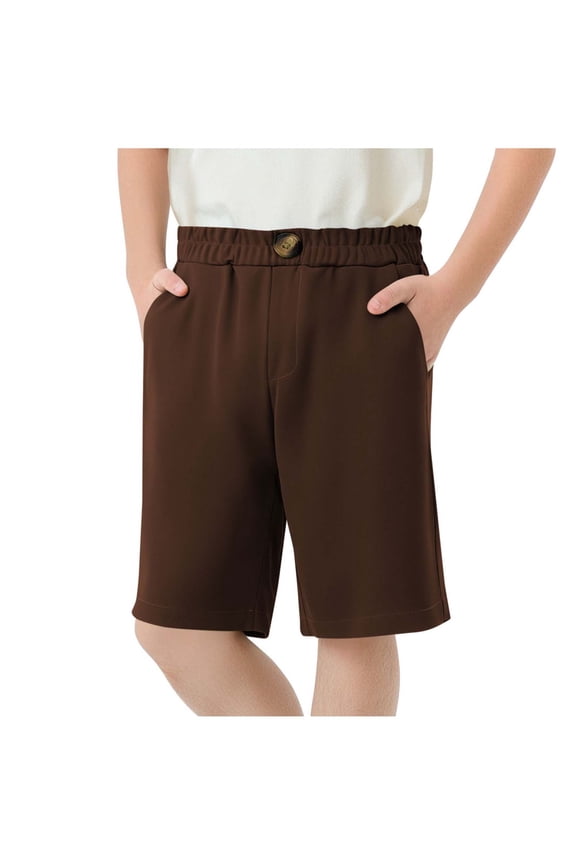 Boys School Uniform Shorts Stretch Pull On Chino Shorts Youth Cropped Shorts with Pockets Brown 5-6 Years