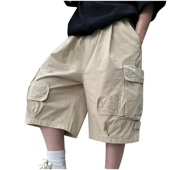 ZACPNCV Boys Shorts Kids High Waisted Cargo Shorts Summer Casual Shorts with Pockets Khaki 15-16 Years