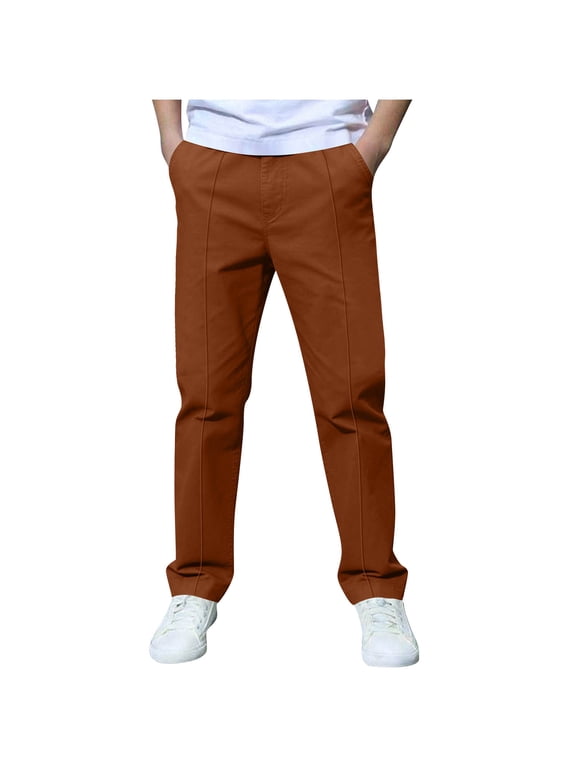 Boys Straight Leg Casual Pants Kids Casual Chino Pants Front Seam Zip Fly Button Waist Casual Pants Solid Uniform Trousers 12-14Years C-Brown