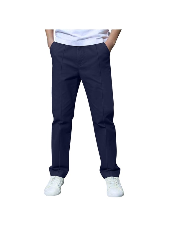 Boys Straight Leg Casual Pants Kids Casual Chino Pants Front Seam Zip Fly Button Waist Casual Pants Solid Uniform Trousers 3-4Years A-Navy