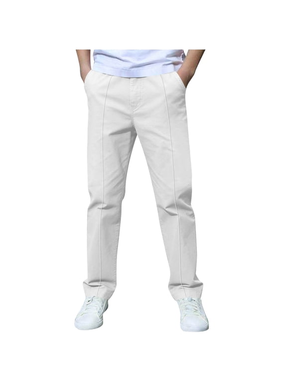 Boys Straight Leg Casual Pants Kids Casual Chino Pants Front Seam Zip Fly Button Waist Casual Pants Solid Uniform Trousers 3-4Years C-White