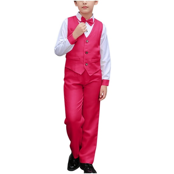 ZACPNCV Boys Suits Set Vest Pants Dress Shirt and Tie for Toddler Kids Formal Dresswear Hot Pink 11-12 Years