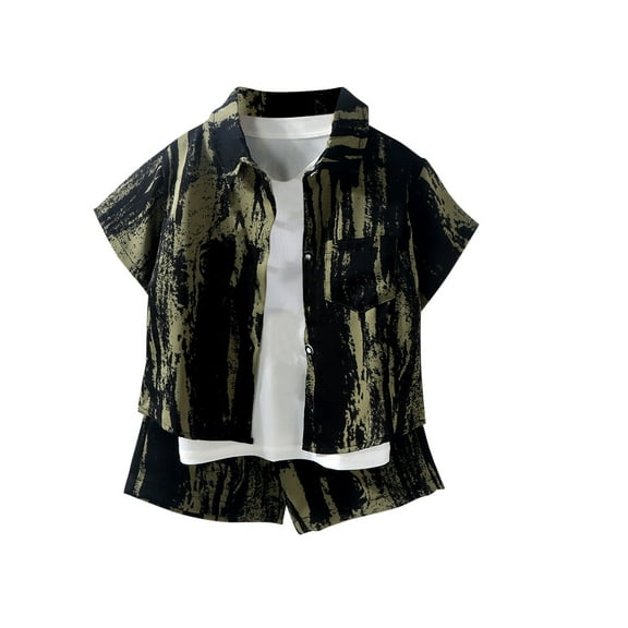 ZACPNCV Boys Summer Short Hawaiian Outfit Short Sleeve Button Down Shirt and Shorts Army Green 7-8 Years