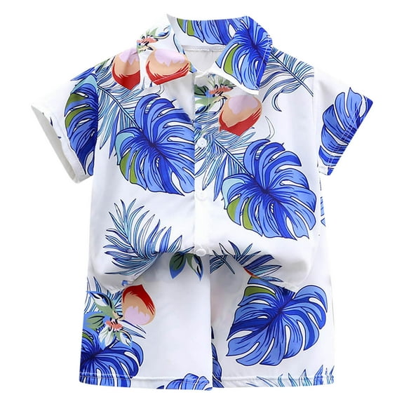 ZACPNCV Boys Summer Short Hawaiian Outfit Short Sleeve Button Down Shirt and Shorts Blue 8-9 Years