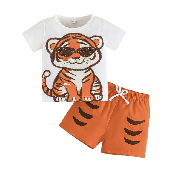 ZACPNCV Boys Two Piece Sets Short Sleeve Tshirts and Drawstring Shorts With Pockets Summer Outfits Orange 2-3 Years