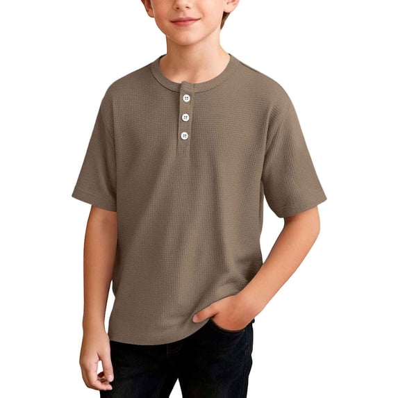 ZACPNCV Boys Waffle Henley T-Shirt Solid Color Short Sleeve Crew Neck Shirt Breathable Casual Loose Fit Knit Summer Top for 4-14 Years Brown