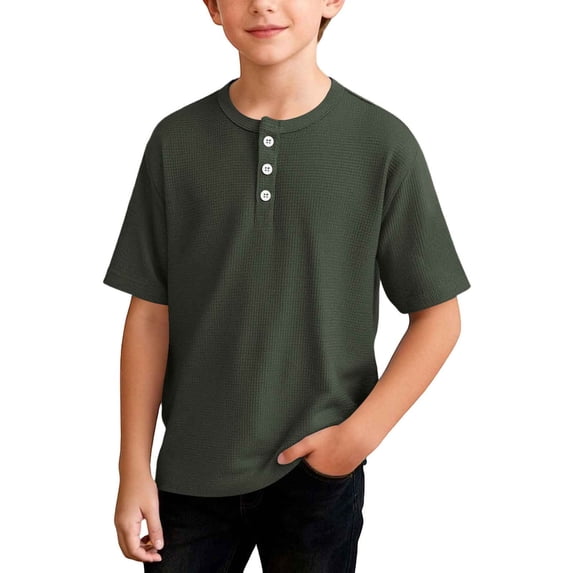 ZACPNCV Boys Waffle Henley T-Shirt Solid Color Short Sleeve Crew Neck Shirt Breathable Casual Loose Fit Knit Summer Top for 4-14 Years Olive Green