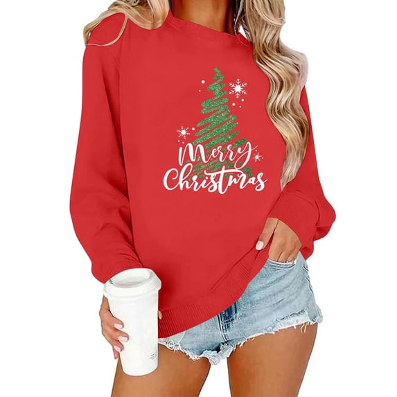 Lovskoo Christmas Sweater Women Xmas Graphic Tunic Sweatshirt Long Sleeve Crewneck Pullover Top Christmas Clothes