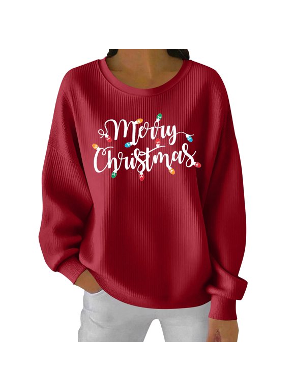 Christmas Sweatshirts for Women Plus Size Crew Neck Christmas Santa Printed Shirts Long Sleeve Fall Clothes