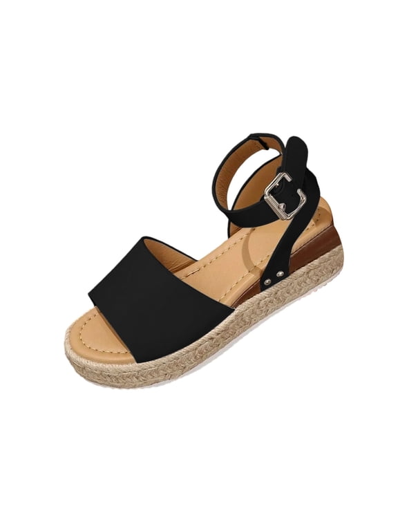 Espadrille Wedge Sandals Women Plus Size Round Toe Open Toe Adjustable Ankle Strap Woven Sole Summer Beach Shoes