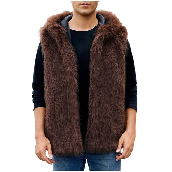 Lovskoo Faux Fur Vest Men Open Front Cardigan Fuzzy Fleece Jacket Stand Collar Jacket Thermal Vest Casual Winter Jacket