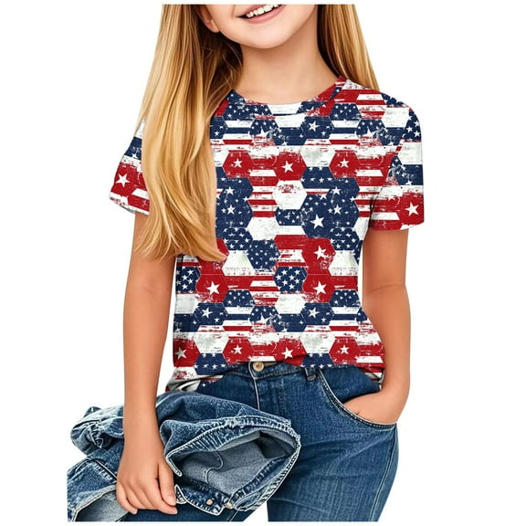 ZACPNCV Flag Shirt for Girls USA Flag T-Shirt 4th of July Shirt Patriotic Tee Tops Independence Day Clothes Blue 3-4 Years