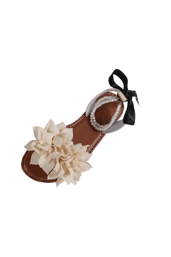 Flower Pearl Bowknot Open Toe Flat Sandals for Women Round Toe Ankle Ribbon Bow Chain Embellished Summer Shoes