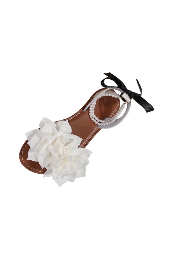 Flower Pearl Bowknot Open Toe Flat Sandals for Women Round Toe Ankle Ribbon Bow Chain Embellished Summer Shoes