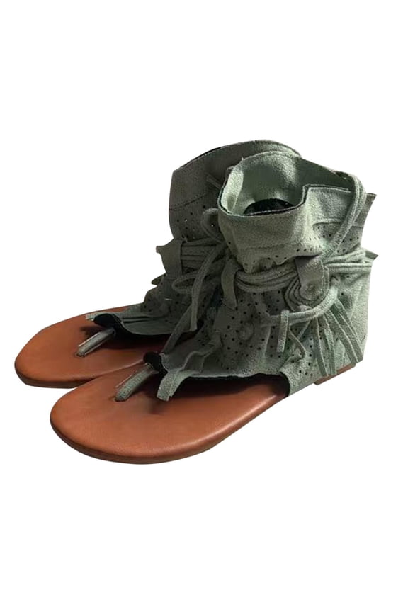 Fringe Thong Flat Sandals for Women Ankle Wrap Lace Up Bohemian Open Toe Casual Summer Beach Bootie Sandals