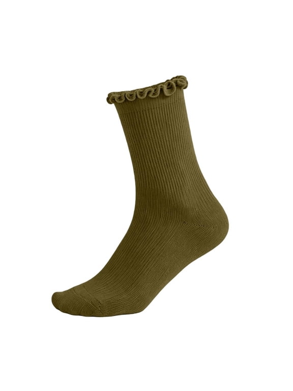 Girl Ankle Ruffle Socks Casual Cotton Blend Frilly Breathable Cute Knit Lettuce Trim No Show Socks A-Olive Green
