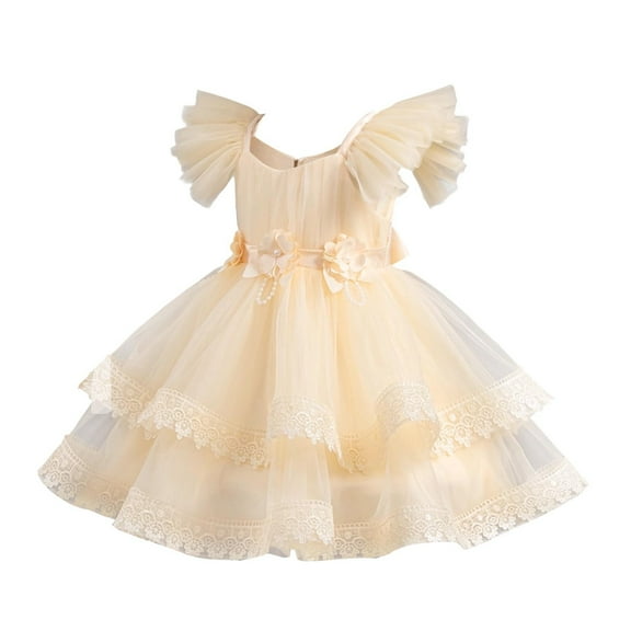 ZACPNCV Girl Flower Dress Flower Design Princess Wedding Dress for Toddler and Baby Girl Beige 2-3 Years