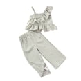 thumbnail image 1 of ZACPNCV Girl's 2 Piece Outfit Striped Ruffle Trim Asymmetrical Neck Top and Wide Leg Pants Set Green 4-5 Years, 1 of 4