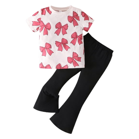 ZACPNCV Girl's 2 Piece Outfits Cute Graphic Short Sleeve Tee Tops and Flare Leg Pants Set Pink 6-7 Years