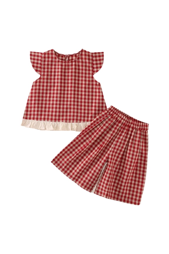 Girl's 2 Piece Outfits Gingham Print Bow Knot T-Shirt and Shorts Matching Set Red 8-9 Years