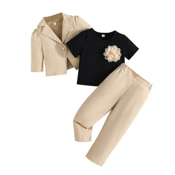 ZACPNCV Girl's 2 Piece Outfits Long Sleeve Tee Shirt and Jacket with Wide Leg Pants Khaki 3-4 Years
