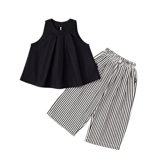 ZACPNCV Girl's 2 Piece Outfits Striped Bow Ruffle Tank Pants Set Summer Outfits Black 12-13 Years
