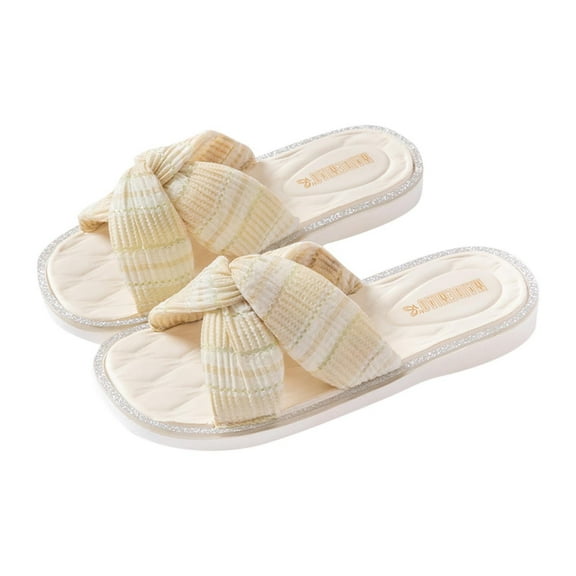 ZACPNCV Girl's Bow Open Toe Slip on Slippers PU Leather Slides Flat Sandals Beige 3-3.5 Years