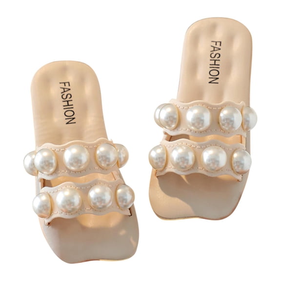 ZACPNCV Girl's Bow Open Toe Slip on Slippers PU Leather Slides Flat Sandals Beige 9-10 Years