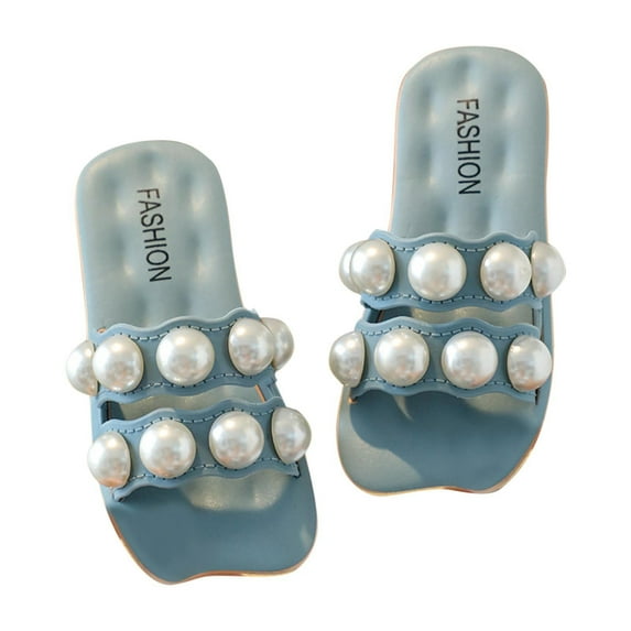 ZACPNCV Girl's Bow Open Toe Slip on Slippers PU Leather Slides Flat Sandals Blue 3.5-4.5 Years