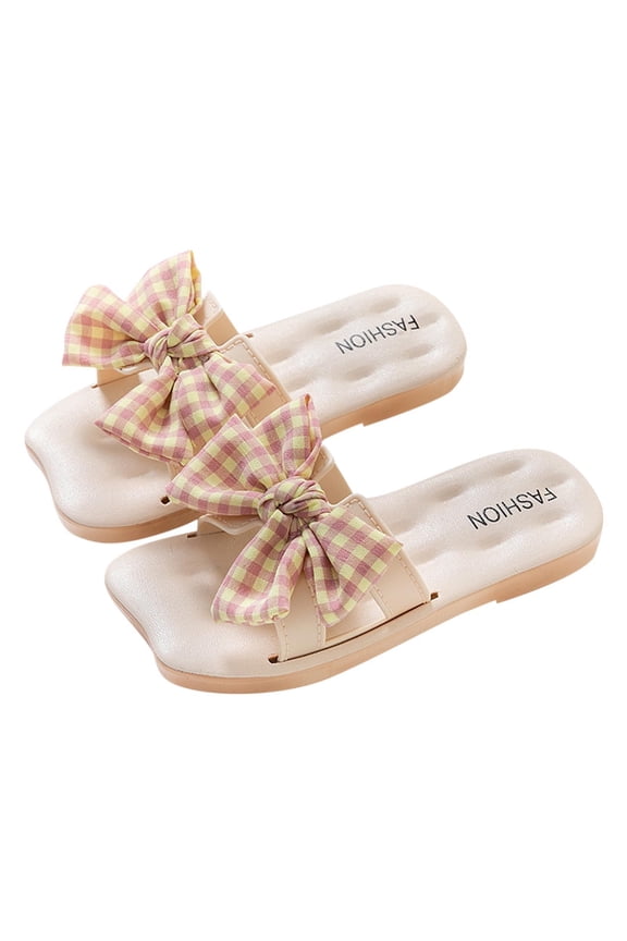 Girl's Bow Open Toe Slip on Slippers PU Leather Slides Flat Sandals Pink 10-11 Years