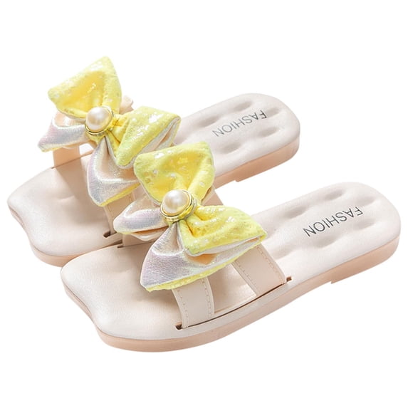 ZACPNCV Girl's Bow Open Toe Slip on Slippers PU Leather Slides Flat Sandals Yellow 4.5-5.5 Years